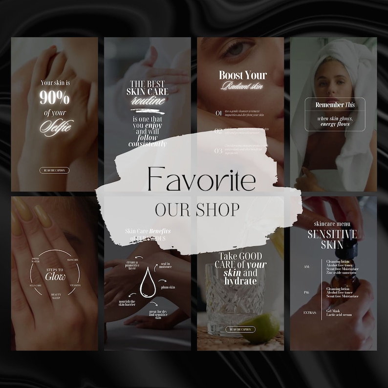 K&ouml;nnte beinhalten: Eine Collage von Bildern, die Hautpflegeprodukte bewerben. Die Bilder zeigen Text wie "Boost Your Radiant Skin", "The Best Skin Care Routine", "Steps to Glow", "Take Good Care of Your Skin and Hydrate" und "Skincare Menu Sensitive Skin".