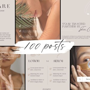 Op de afbeelding: Een collage van afbeeldingen die huidverzorgingsproducten en -diensten promoten. De afbeeldingen tonen een vrouw met gouden onderoogpatches, een close-up van een hand met een exfoli&euml;rende scrub en tekst over de voordelen van het gebruik van gezichtserum en -lotion. De tekst vermeldt ook het belang van zonnebrandcr&egrave;me en de voordelen van exfoliatie en celregeneratie. De collage bevat de tekst "100 posts" en "Uw vertrouwde partner in huidverzorging".
