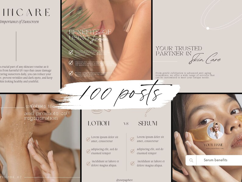Op de afbeelding: Een collage van afbeeldingen die huidverzorgingsproducten en -diensten promoten. De afbeeldingen tonen een vrouw met gouden onderoogpatches, een close-up van een hand met een exfoli&euml;rende scrub en tekst over de voordelen van het gebruik van gezichtserum en -lotion. De tekst vermeldt ook het belang van zonnebrandcr&egrave;me en de voordelen van exfoliatie en celregeneratie. De collage bevat de tekst "100 posts" en "Uw vertrouwde partner in huidverzorging".