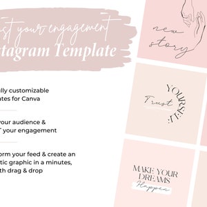 May include: A set of 10 Instagram templates with pink backgrounds and black text. The text includes phrases like "Boost your engagement", "Trust yourself", "Make your dreams happen", and "Hustle".
