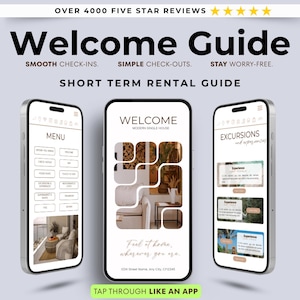 Puede incluir: Tres teléfonos inteligentes muestran una guía de bienvenida digital. La guía incluye el texto "Welcome Guide" y "Short Term Rental Guide". Las pantallas muestran opciones de menú, una pantalla de bienvenida y detalles de excursiones. La guía promete registros fluidos y salidas sencillas.