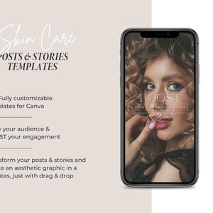 Op de afbeelding: Een telefoonscherm met een afbeelding voor een huidverzorgingsbedrijf. De afbeelding toont een vrouw met krullend haar en de tekst "BOOST YOUR CONFIDENCE WITH OUR EXPERT BEAUTY TREATMENTS".