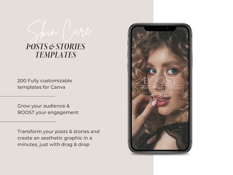 Op de afbeelding: Een telefoonscherm met een afbeelding voor een huidverzorgingsbedrijf. De afbeelding toont een vrouw met krullend haar en de tekst "BOOST YOUR CONFIDENCE WITH OUR EXPERT BEAUTY TREATMENTS".