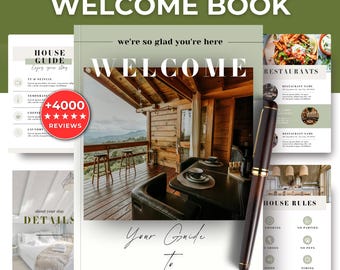 May include: An Airbnb welcome book design with a cabin photo, restaurant suggestions, and house rules. The cover reads "Welcome" and "Your Guide To." A pen rests on the pages. The design includes the text "+4000 Reviews."