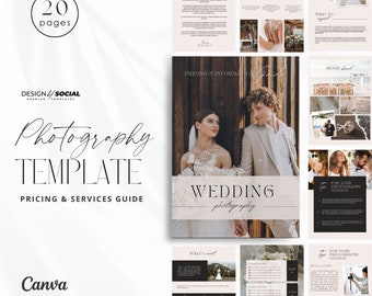 Peut inclure: Un modèle Canva de 20 pages pour la tarification et les services de photographie de mariage. Le modèle présente un design moderne avec une palette de couleurs neutres et comprend des sections pour les informations de tarification, ce qui est inclus dans une séance et des conseils pour une séance photo réussie.