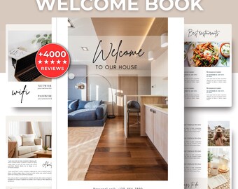 Op de afbeelding: Een Airbnb welkomstboek met de titel "WELCOME BOOK" in het wit. De omslag toont een moderne woonkamer. Extra pagina's tonen restaurant aanbevelingen, wifi details en een review badge met "+4000 REVIEWS".