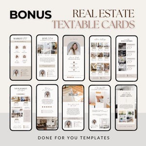 Peut inclure: Ensemble de cartes immobili&egrave;res textuelles dans une palette de couleurs neutres. Les cartes comprennent des mod&egrave;les pour les statistiques du march&eacute;, les nouvelles annonces, les annonces actives, les maisons vendues, etc. Le texte comprend "Bonus", "Real Estate Textable Cards", et "Done For You Templates".