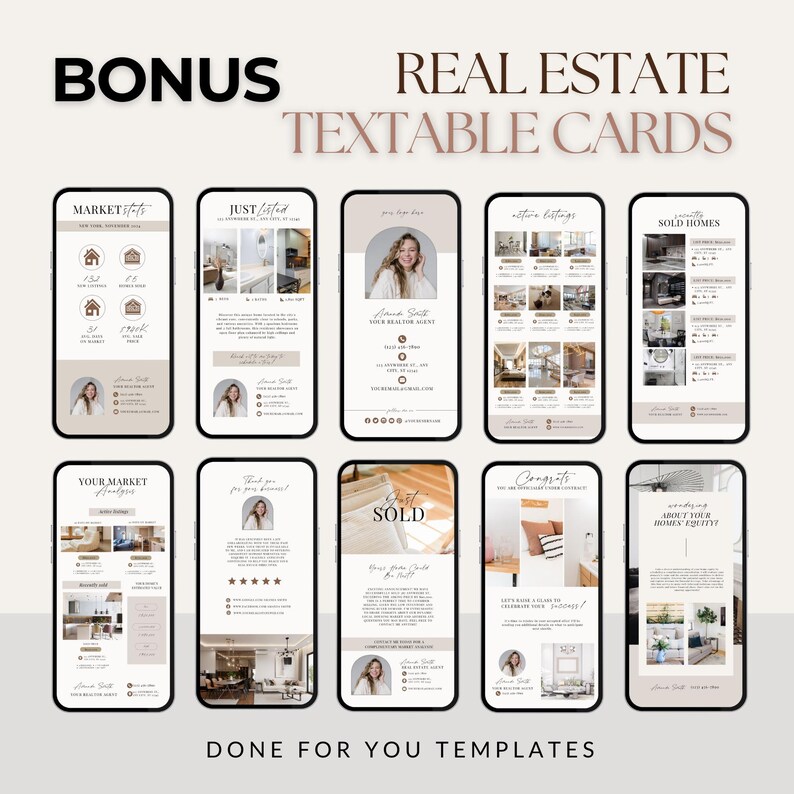 Peut inclure: Ensemble de cartes immobili&egrave;res textuelles dans une palette de couleurs neutres. Les cartes comprennent des mod&egrave;les pour les statistiques du march&eacute;, les nouvelles annonces, les annonces actives, les maisons vendues, etc. Le texte comprend "Bonus", "Real Estate Textable Cards", et "Done For You Templates".