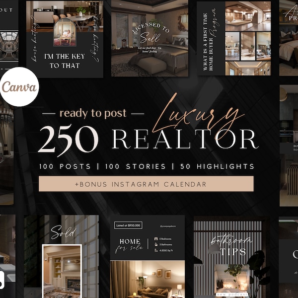 250 articles Instagram sur l'immobilier + articles + faits saillants pour Canva | pour Agent immobilier de luxe | Modèle de toile Instagram