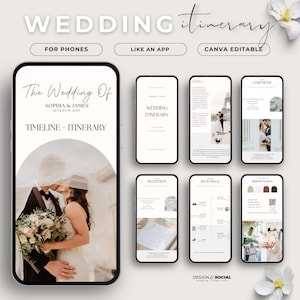 May include: A digital wedding itinerary template on a smartphone, with a photo of a couple. Text includes "Wedding Itinerary", "Timeline + Itinerary", and "Sophia & James, August 19, 2025". Additional phone screens display wedding details, with the words "For Phones".
