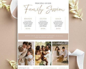 Plantilla de guía de precios de fotografía / Lista de precios de fotografía / Plantilla de lista de precios de sesiones familiares / Plantilla de Canva