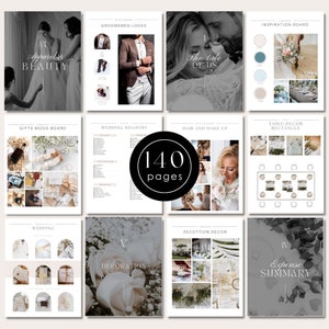 May include: A wedding planner with 140 pages, featuring a variety of sections including inspiration boards, gifts, decor, and a budget summary. The planner has a black and white color scheme with gold accents.