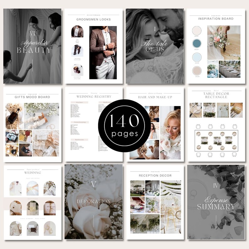 May include: A wedding planner with 140 pages, featuring a variety of sections including inspiration boards, gifts, decor, and a budget summary. The planner has a black and white color scheme with gold accents.