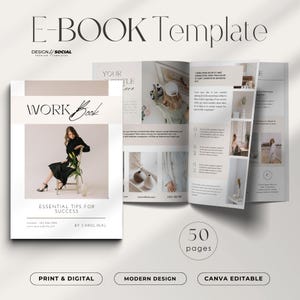 Könnte beinhalten: E-Book-Vorlage mit dem Titel "E-BOOK Template" oben. Das Cover des Arbeitsbuchs ist sichtbar, mit dem Titel "WORK Book" und dem Text "ESSENTIAL TIPS FOR SUCCESS". Das offene Buch zeigt 50 Seiten und die Wörter "PRINT & DIGITAL", "MODERN DESIGN" und "CANVA EDITABLE".