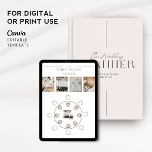 May include: A digital template for a wedding planner with a round table seating chart. The template is designed for use with Canva and includes a table decor section with images of floral arrangements, greenery, and place settings. The planner cover features the text "Our Wedding Planner" with the names "Livia & Mark" and the date "06.15.24".