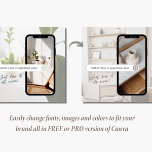 May include: A smartphone mockup with a white background and a search bar that reads "market value vs appraised value". The text "What does it all mean!" is written in cursive below the search bar. The phone is displaying a photo of a room with a wooden chair and a plant.