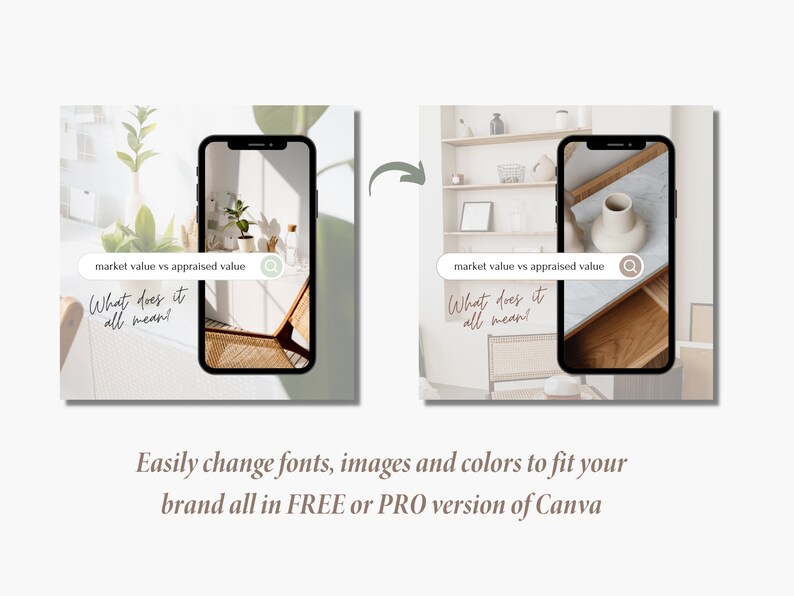 May include: A smartphone mockup with a white background and a search bar that reads "market value vs appraised value". The text "What does it all mean!" is written in cursive below the search bar. The phone is displaying a photo of a room with a wooden chair and a plant.