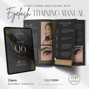 Può includere: Un manuale di formazione per l'applicazione di extensioni ciglia di colore nero e oro. La copertina presenta il testo "Eyelash Training Manual" e "Capitolo 06: Cura successiva e ricarica". Il manuale è composto da 60 pagine e include informazioni sui cicli di crescita delle ciglia, i tipi di ventagli di ciglia e altro ancora.