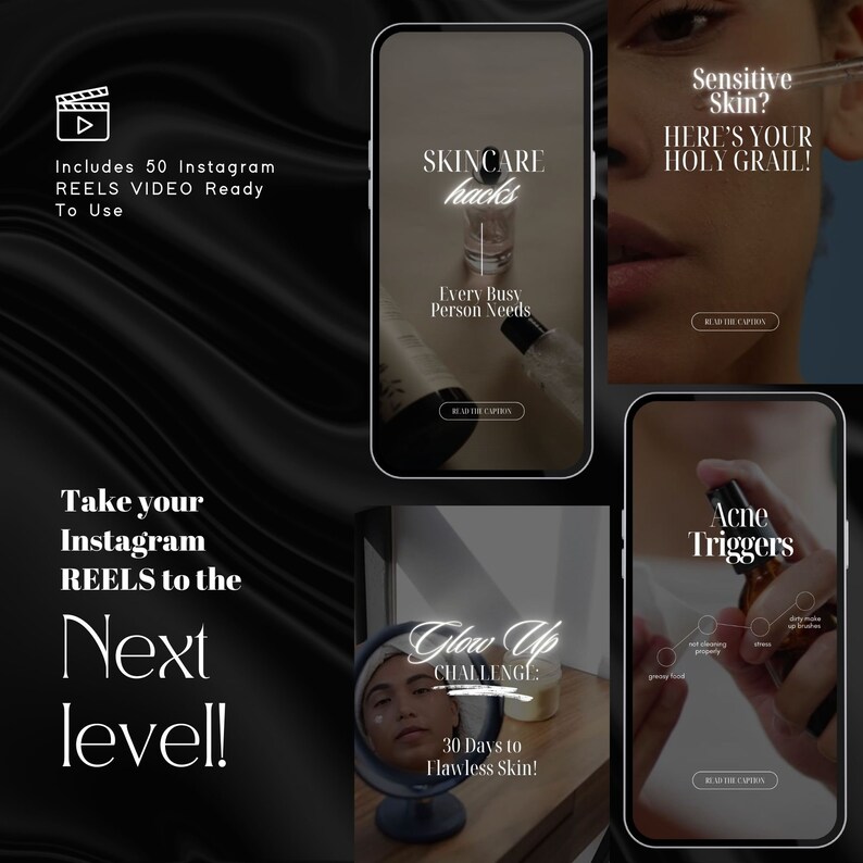 K&ouml;nnte beinhalten: Eine Collage aus vier Smartphone-Bildschirmen mit Text&uuml;berlagerungen, die Hautpflegetipps und -herausforderungen bewerben. Die Bildschirme zeigen Texte wie "Hautpflege-Hacks", "Glow Up Challenge", "Akne-Ausl&ouml;ser" und "Empfindliche Haut? Hier ist dein Heiliger Gral!"