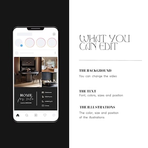 May include: A black and white Instagram post promoting a home for sale. The post features photos of the home's interior and exterior, along with details like the number of bedrooms, square footage, and price. The text "HOME for sale" is displayed in a stylish font.