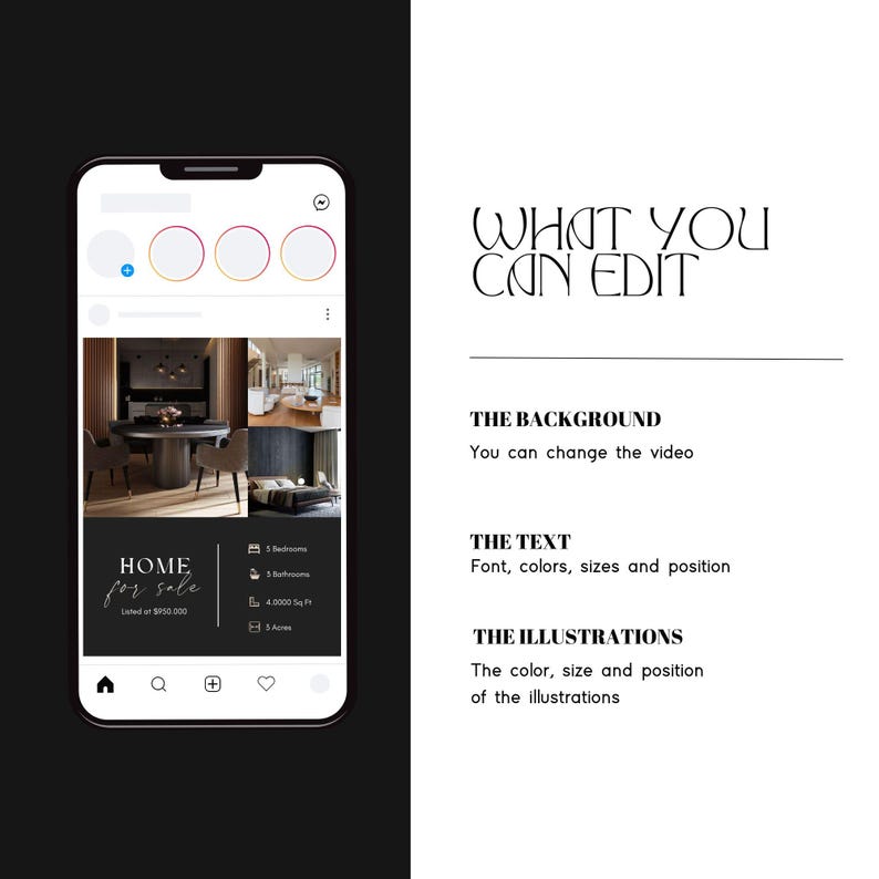 May include: A black and white Instagram post promoting a home for sale. The post features photos of the home's interior and exterior, along with details like the number of bedrooms, square footage, and price. The text "HOME for sale" is displayed in a stylish font.