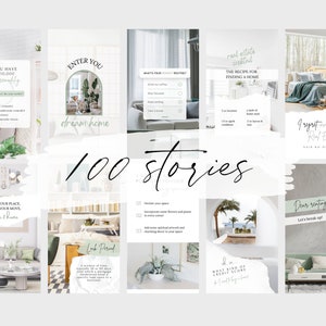 May include: A collage of 12 Instagram story templates for real estate agents. The templates feature images of homes, plants, and text overlays. The text includes phrases like "Enter You Dream Home", "The Recipe for Finding a Home", and "I Regret Investing in Real Estate".