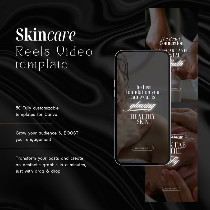 K&ouml;nnte beinhalten: Ein Smartphone-Mockup mit schwarzem Hintergrund und dem Text "Skincare Reels Video Template". Der Text auf dem Telefonbildschirm lautet "Die beste Grundlage, die du tragen kannst, ist strahlende, gesunde Haut".