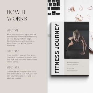 Puede incluir: Una imagen en blanco y negro de la portada de un diario de fitness con el texto "Fitness Journey" en blanco. La portada tambi&eacute;n incluye una foto de una persona haciendo una flexi&oacute;n. El texto "A Comprehensive Guide to Fitness" est&aacute; debajo de la foto, con el nombre del autor "By Julia K." debajo.