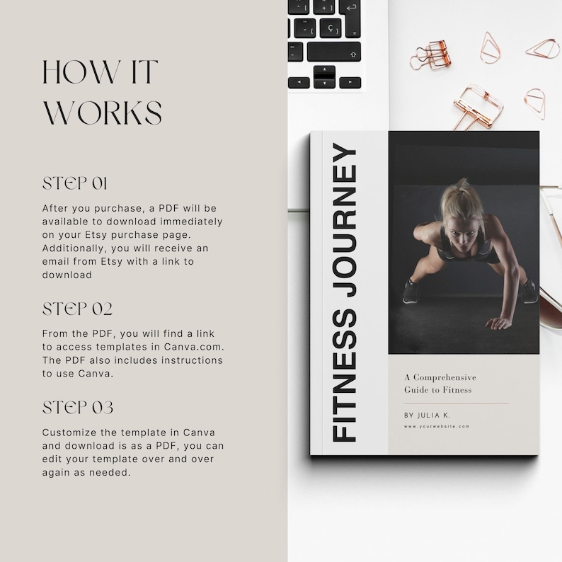 Puede incluir: Una imagen en blanco y negro de la portada de un diario de fitness con el texto "Fitness Journey" en blanco. La portada tambi&eacute;n incluye una foto de una persona haciendo una flexi&oacute;n. El texto "A Comprehensive Guide to Fitness" est&aacute; debajo de la foto, con el nombre del autor "By Julia K." debajo.