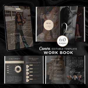 May include: A black and gold workbook with the title "Canva Editable Template Workbook" and the text "60 pages". The workbook includes sections for market analysis, smart goals, process steps, and a "Meet the Team" section. The cover features a photo of a woman in a black top and jeans.