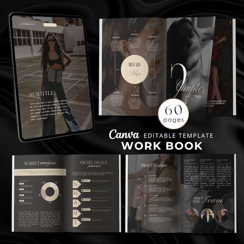 May include: A black and gold workbook with the title "Canva Editable Template Workbook" and the text "60 pages". The workbook includes sections for market analysis, smart goals, process steps, and a "Meet the Team" section. The cover features a photo of a woman in a black top and jeans.