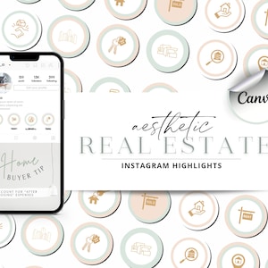 Puede incluir: Una colección de portadas de destacados de historias de Instagram con ilustraciones de casas, llaves y otros iconos relacionados con bienes raíces. Las portadas están en un esquema de color verde claro y rosa con acentos dorados. El texto "aesthetic REAL ESTATE INSTAGRAM HIGHLIGHTS" se muestra en el centro de la imagen.