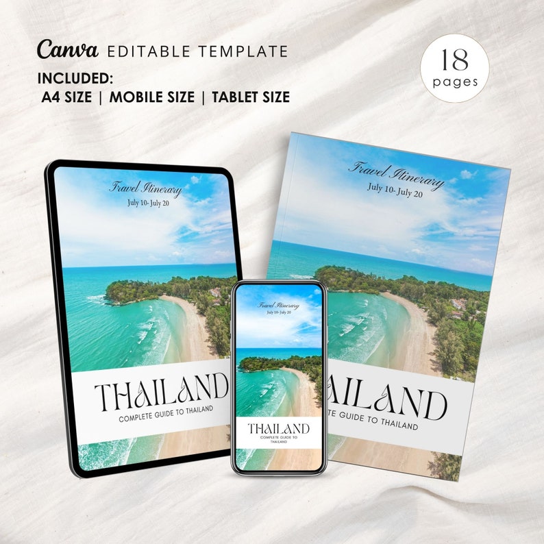 以下が含まれることがあります： タイの旅行旅程テンプレートのモックアップ。テンプレートはタブレット、携帯電話、印刷されたドキュメントに表示されます。テンプレートは、ターコイズブルーの海と白い砂浜のビーチシーンを特徴としています。