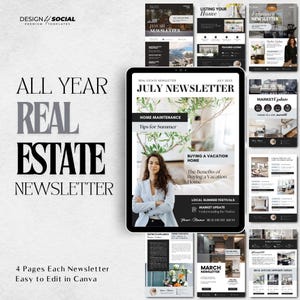 Pacchetto newsletter immobiliare / Newsletter di marketing immobiliare 12 mesi / Branding immobiliare - Tutto l'anno / Modelli Canva