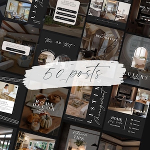 May include: A collage of images showcasing interior design ideas for a home. The images feature various rooms, including a living room, kitchen, bedroom, and bathroom. The images are styled in a modern and minimalist aesthetic, with a focus on neutral colors and natural materials. The text "50 posts" is written in a white handwritten font on a white background.