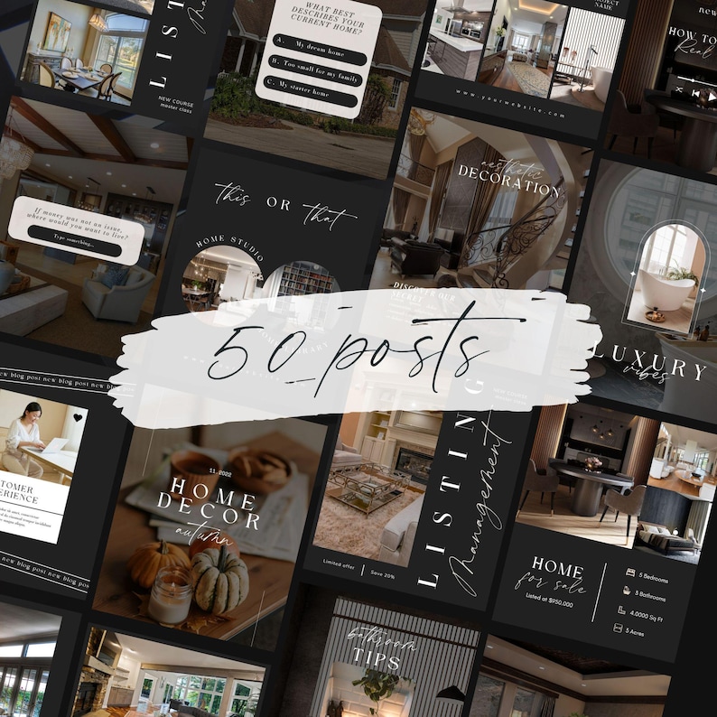 May include: A collage of images showcasing interior design ideas for a home. The images feature various rooms, including a living room, kitchen, bedroom, and bathroom. The images are styled in a modern and minimalist aesthetic, with a focus on neutral colors and natural materials. The text "50 posts" is written in a white handwritten font on a white background.