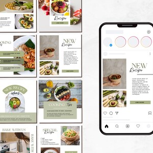 May include: A phone screen displaying a social media post for a food blog. The post features photos of various bowls of food, including a salad with avocado, a bowl of rice with shrimp, and a bowl of fruit. The post also includes text that says "New Recipe" and "Cooking Tips".