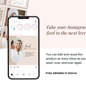 May include: A smartphone screen displaying a social media post for a facial routine. The post features a woman with a glowing complexion and the text "facial routine".