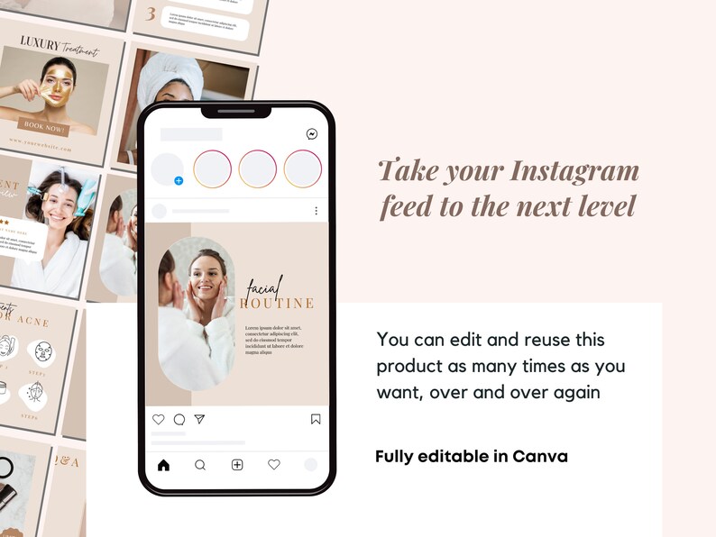 May include: A smartphone screen displaying a social media post for a facial routine. The post features a woman with a glowing complexion and the text "facial routine".