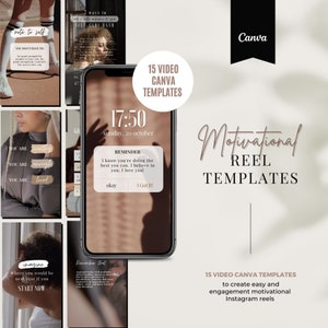 Puede incluir: 15 plantillas de video de Canva para crear carretes de Instagram motivacionales. Las plantillas presentan un esquema de color marrón claro con texto que dice "Plantillas de carrete motivacional" y "15 plantillas de video de Canva para crear carretes de Instagram motivacionales y atractivos".