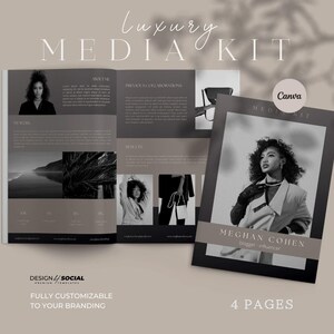 May include: A black and white media kit for a blogger and influencer named Meghan Cohen. The cover features a black and white photo of Meghan Cohen wearing a black jacket and gloves. The text "Luxury Media Kit" is written in a white, cursive font on a grey background. The text "Meghan Cohen" is written in a white, sans-serif font on a black background. The text "blogger - influencer" is written in a white, sans-serif font on a black background. The text "4 Pages" is written in a white, sans-serif font on a black background.