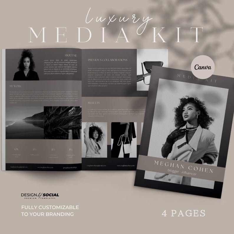 May include: A black and white media kit for a blogger and influencer named Meghan Cohen. The cover features a black and white photo of Meghan Cohen wearing a black jacket and gloves. The text "Luxury Media Kit" is written in a white, cursive font on a grey background. The text "Meghan Cohen" is written in a white, sans-serif font on a black background. The text "blogger - influencer" is written in a white, sans-serif font on a black background. The text "4 Pages" is written in a white, sans-serif font on a black background.