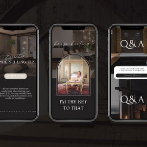 May include: Three phone screens with different real estate marketing tips. The first screen says "Essential Home Selling Tip: Temperature" and includes a tip about keeping the home comfortable for potential buyers. The second screen says "House Hunting? I'm the key to that." The third screen says "Q&A" and asks "Does a master bath need a tub or just a shower only?"