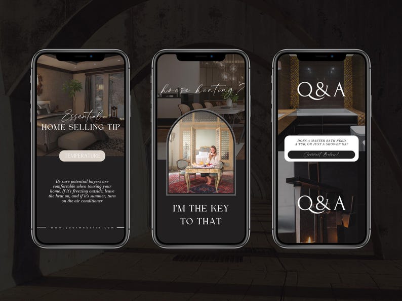 May include: Three phone screens with different real estate marketing tips. The first screen says "Essential Home Selling Tip: Temperature" and includes a tip about keeping the home comfortable for potential buyers. The second screen says "House Hunting? I'm the key to that." The third screen says "Q&A" and asks "Does a master bath need a tub or just a shower only?"