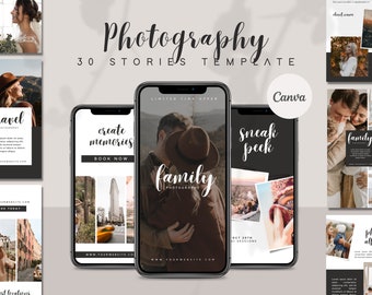 Pode incluir: Uma coleção de 30 modelos de histórias do Instagram para fotógrafos. Os modelos apresentam um esquema de cores preto e branco com um design moderno e minimalista. O texto nos modelos inclui frases como "fotografia de viagens", "criar memórias", "espreitadela" e "fotografia familiar".