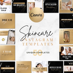 Könnte beinhalten: Eine Sammlung von 50 einzigartigen Instagram-Vorlagen für Hautpflegeunternehmen. Die Vorlagen zeichnen sich durch ein Schwarz-Gold-Farbschema mit Marmor- und Goldakzenten aus. Der Text auf den Vorlagen enthält Sätze wie "Dream Big", "New Beauty Collection", "Skincare Tips" und "Take Care of Your Skin & Body".