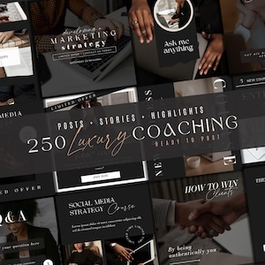 May include: A collection of 250 social media post templates for coaches. The templates are black and white with gold accents and feature text such as "Ask me anything", "How to win clients", and "By being authentically you".