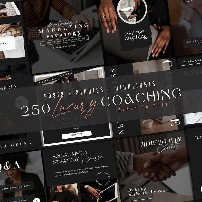 May include: A collection of 250 social media post templates for coaches. The templates are black and white with gold accents and feature text such as "Ask me anything", "How to win clients", and "By being authentically you".