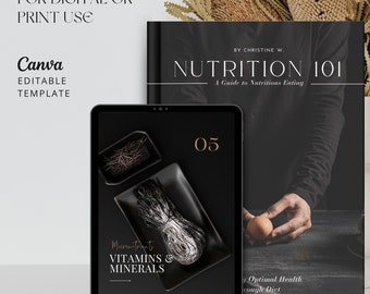 Può includere: Un mockup di tablet digitale in bianco e nero con sfondo nero. Lo schermo del tablet mostra un'immagine in bianco e nero di una ciotola di noodles con il testo "Micronutrients Vitamins & Minerals" e il numero "05". Il tablet è appoggiato su una superficie bianca.