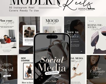 Puede incluir: Una colección de portadas de carretes de Instagram con un diseño moderno. Las portadas presentan una variedad de temas, que incluyen redes sociales, tableros de humor y contenido detrás de escena. El texto "MODERN Reels" se muestra en negrita, en negro, en la parte superior de la imagen.